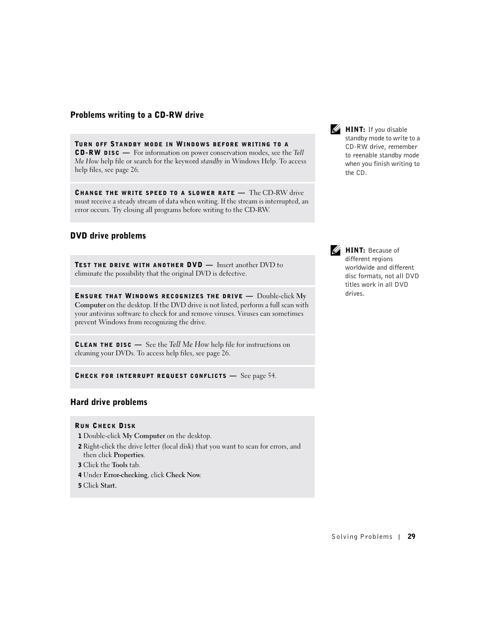 Problems writing to a cd-rw drive, Dvd drive problems, Hard drive problems | Dell Dimension 4500 User Manual | Page 29 / 142