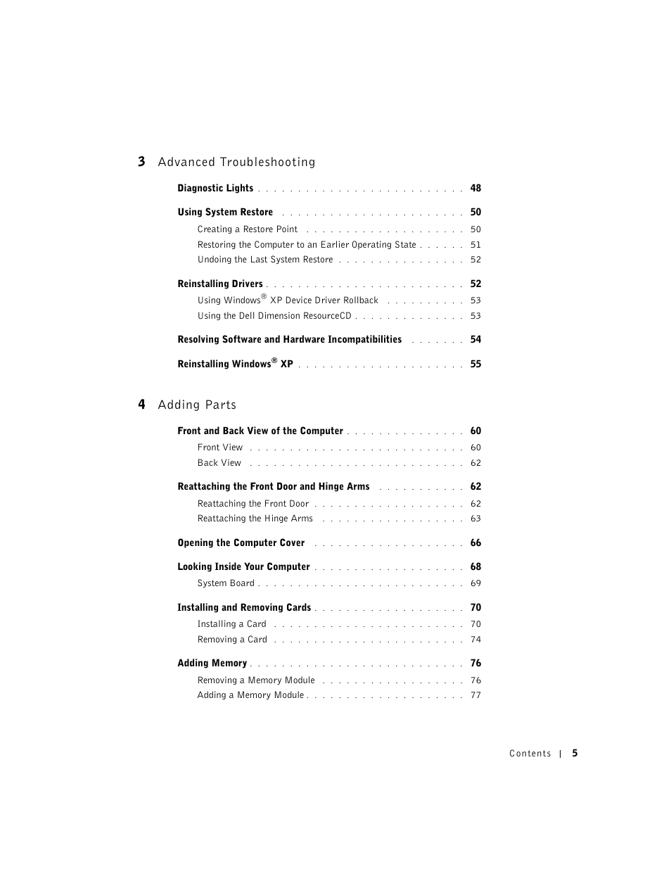 3 advanced troubleshooting, 4 adding parts | Dell Dimension 4500 User Manual | Page 5 / 142