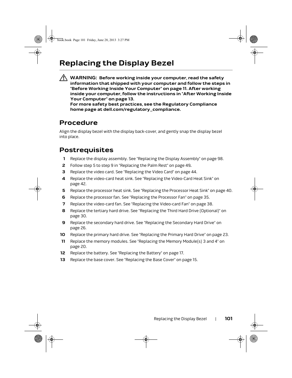 Replacing the display bezel, Procedure, Postrequisites | Dell Alienware 17 (Mid 2013) User Manual | Page 101 / 128
