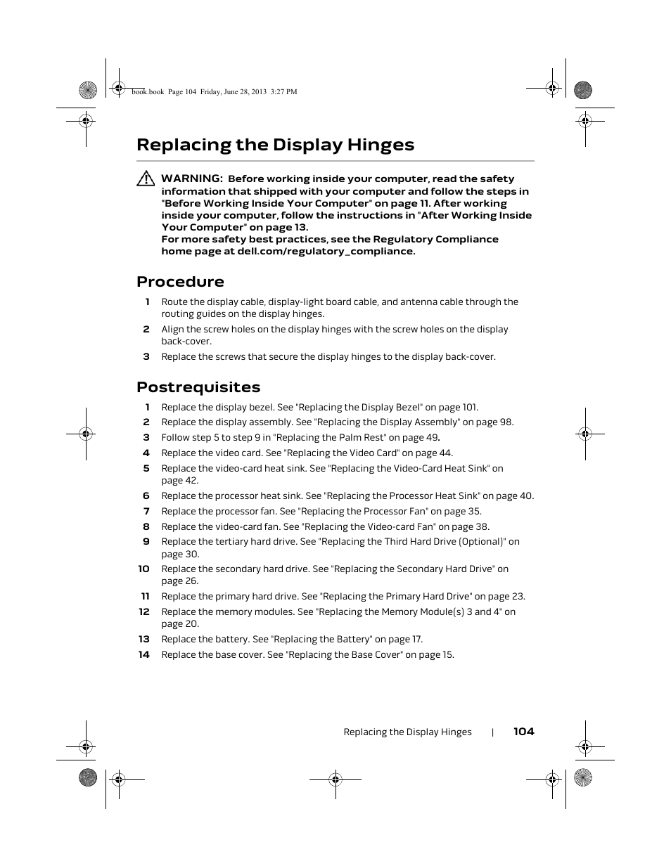 Replacing the display hinges, Procedure, Postrequisites | Dell Alienware 17 (Mid 2013) User Manual | Page 104 / 128