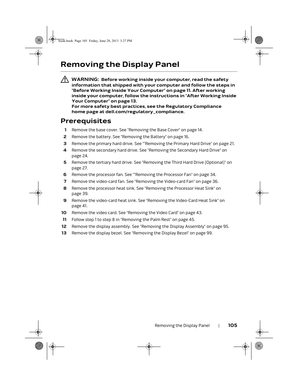 Removing the display panel, Prerequisites | Dell Alienware 17 (Mid 2013) User Manual | Page 105 / 128
