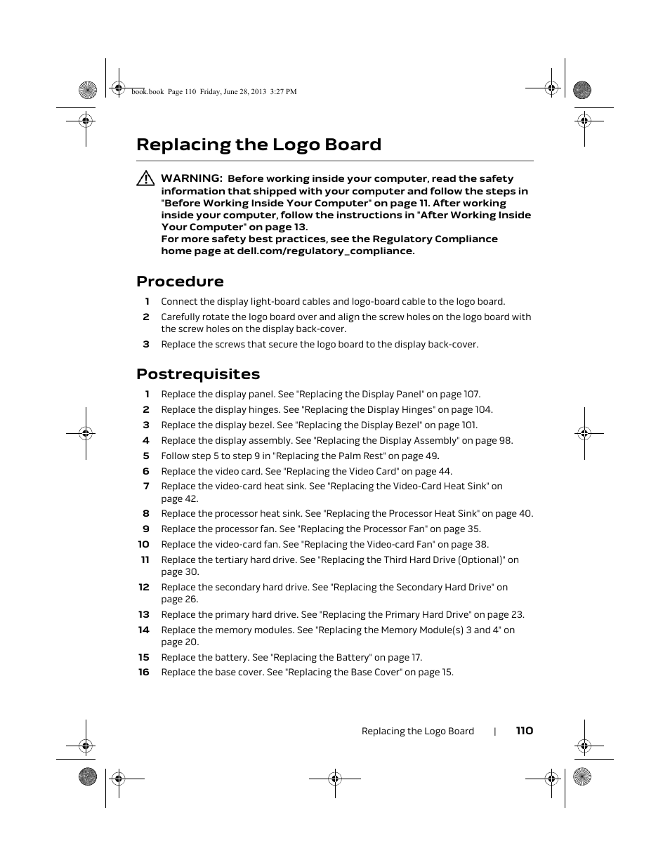 Replacing the logo board, Procedure, Postrequisites | Dell Alienware 17 (Mid 2013) User Manual | Page 110 / 128