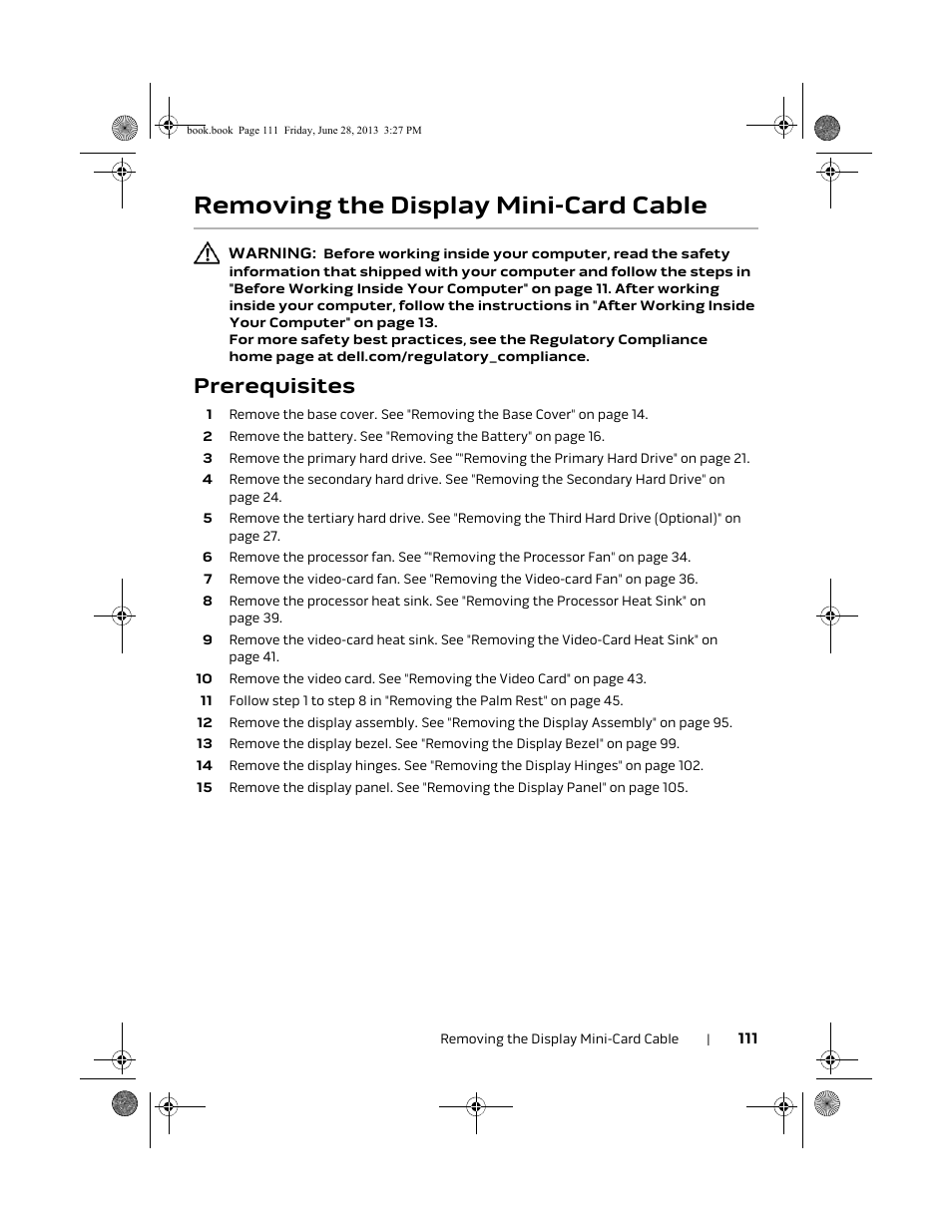 Removing the display mini-card cable, Prerequisites | Dell Alienware 17 (Mid 2013) User Manual | Page 111 / 128