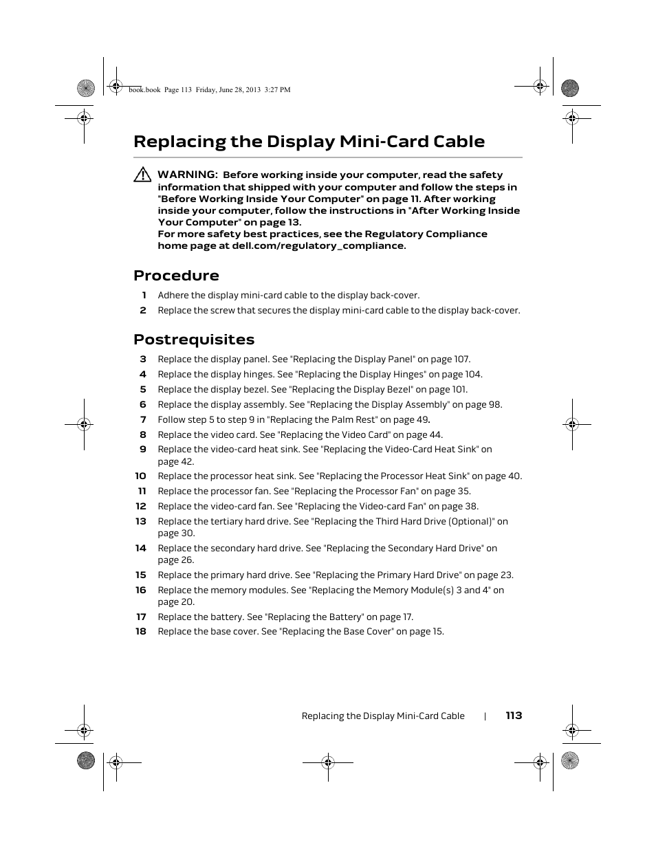 Replacing the display mini-card cable, Procedure, Postrequisites | Dell Alienware 17 (Mid 2013) User Manual | Page 113 / 128