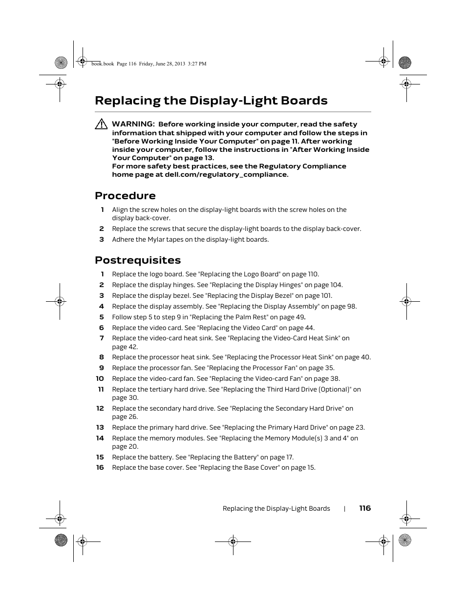 Replacing the display-light boards, Procedure, Postrequisites | Dell Alienware 17 (Mid 2013) User Manual | Page 116 / 128