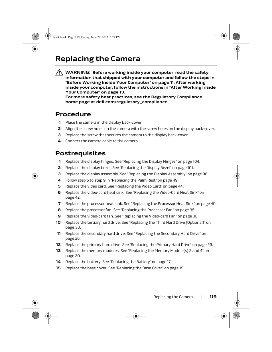 Replacing the camera, Procedure, Postrequisites | Dell Alienware 17 (Mid 2013) User Manual | Page 119 / 128