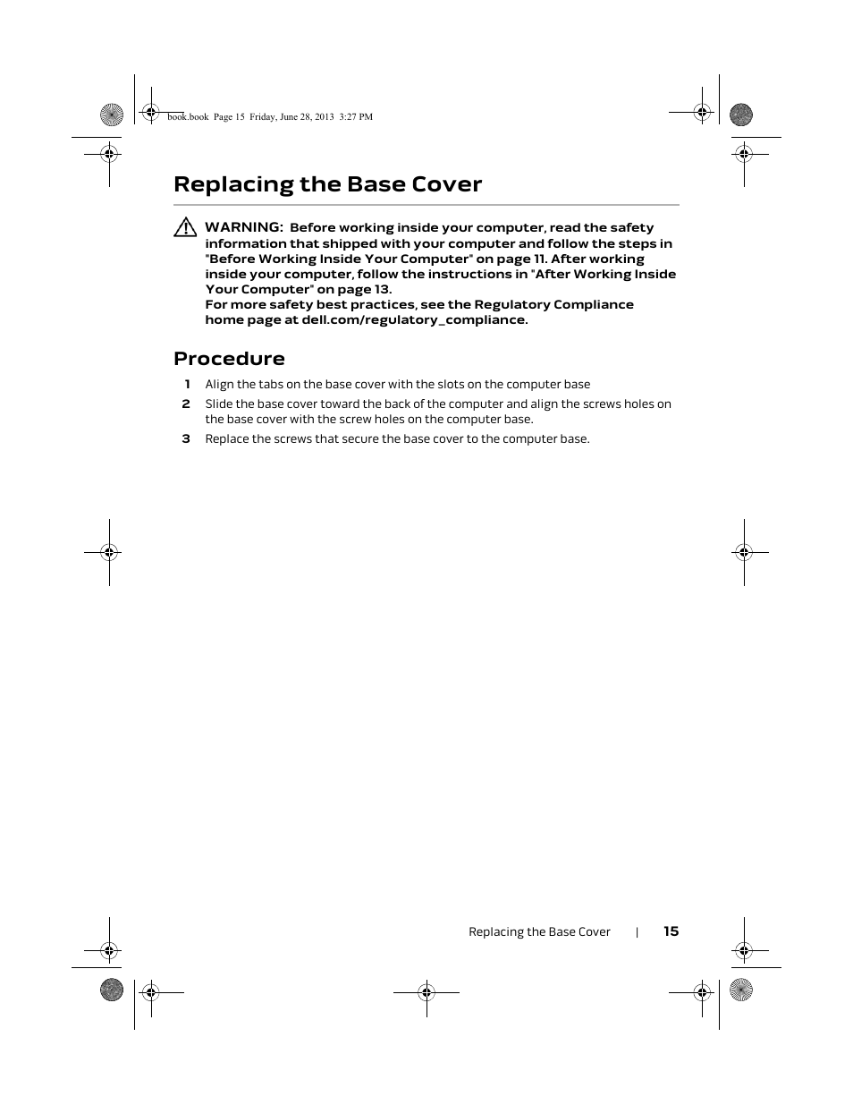 Replacing the base cover, Procedure | Dell Alienware 17 (Mid 2013) User Manual | Page 15 / 128