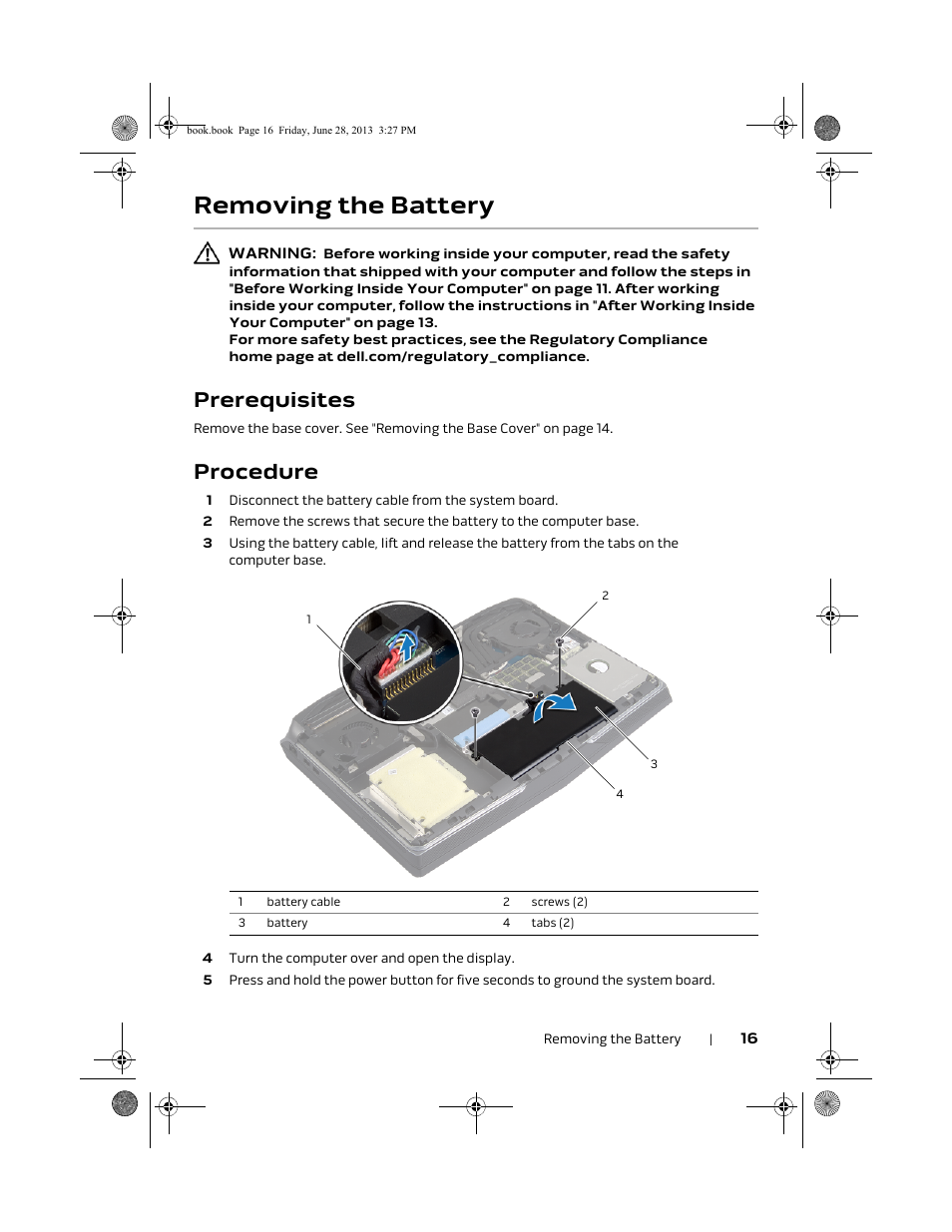 Removing the battery, Prerequisites, Procedure | Dell Alienware 17 (Mid 2013) User Manual | Page 16 / 128