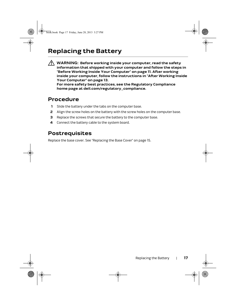 Replacing the battery, Procedure, Postrequisites | Dell Alienware 17 (Mid 2013) User Manual | Page 17 / 128