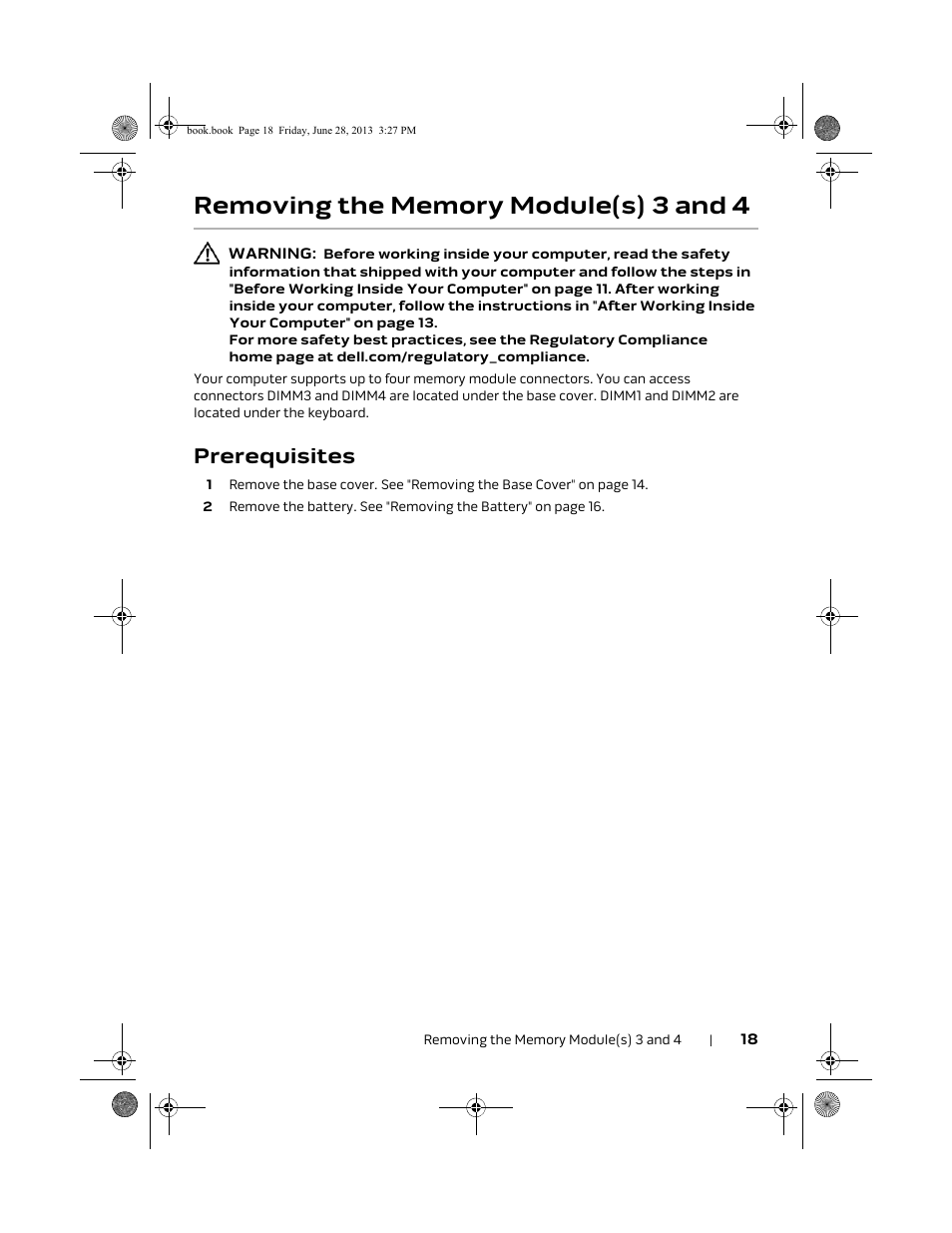 Removing the memory module(s) 3 and 4, Prerequisites | Dell Alienware 17 (Mid 2013) User Manual | Page 18 / 128