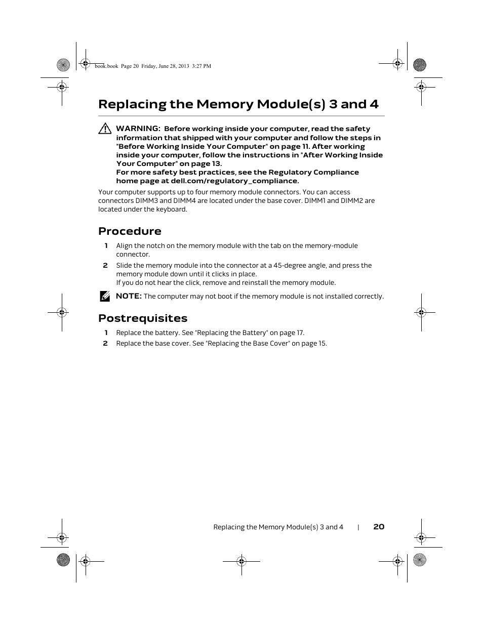 Replacing the memory module(s) 3 and 4, Procedure, Postrequisites | Dell Alienware 17 (Mid 2013) User Manual | Page 20 / 128