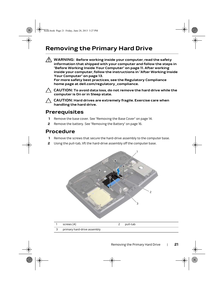 Removing the primary hard drive, Prerequisites, Procedure | Dell Alienware 17 (Mid 2013) User Manual | Page 21 / 128