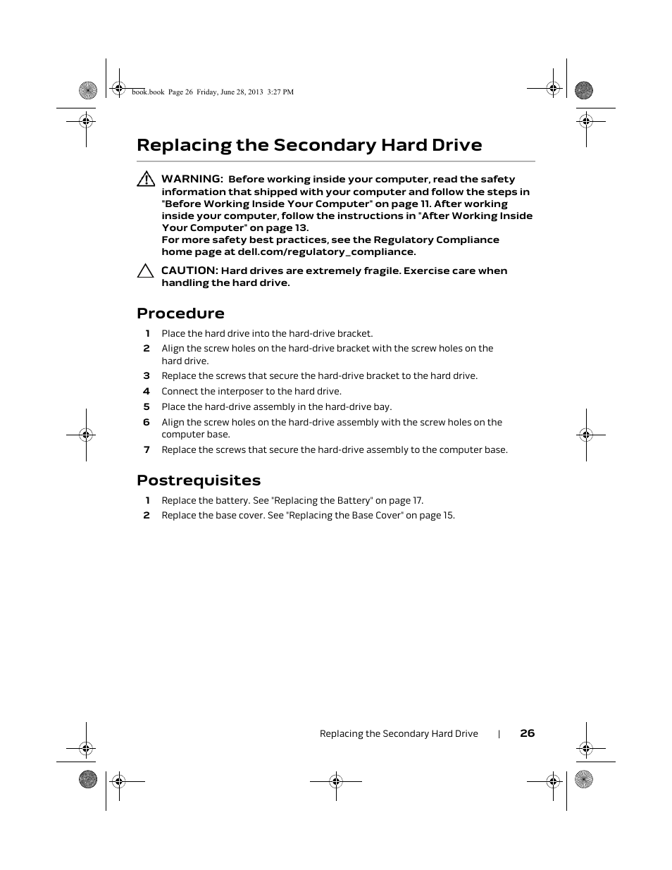 Replacing the secondary hard drive, Procedure, Postrequisites | Dell Alienware 17 (Mid 2013) User Manual | Page 26 / 128