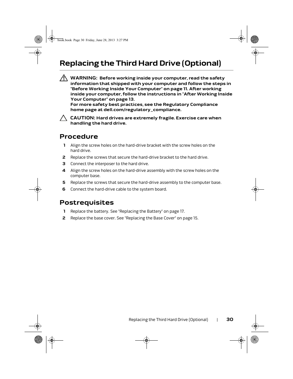 Replacing the third hard drive (optional), Procedure, Postrequisites | Dell Alienware 17 (Mid 2013) User Manual | Page 30 / 128