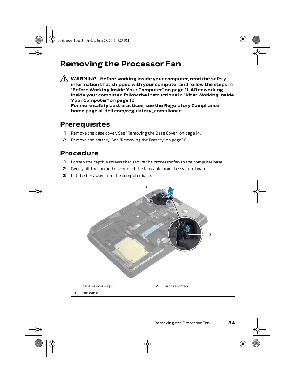 Removing the processor fan, Prerequisites, Procedure | Dell Alienware 17 (Mid 2013) User Manual | Page 34 / 128