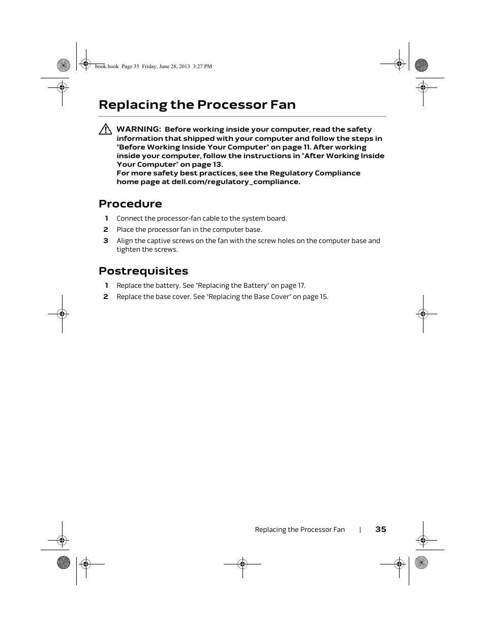 Replacing the processor fan, Procedure, Postrequisites | Dell Alienware 17 (Mid 2013) User Manual | Page 35 / 128