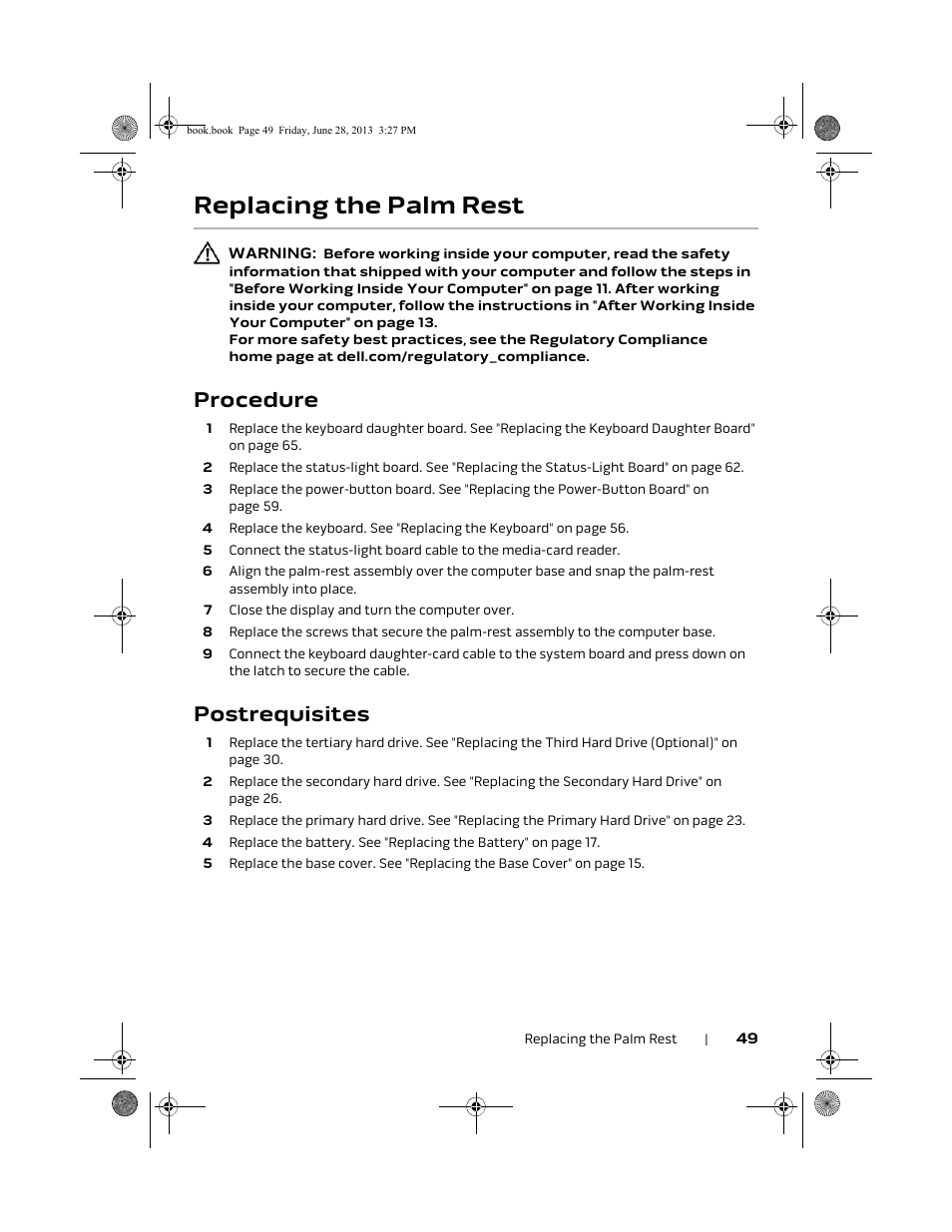 Replacing the palm rest, Procedure, Postrequisites | Dell Alienware 17 (Mid 2013) User Manual | Page 49 / 128
