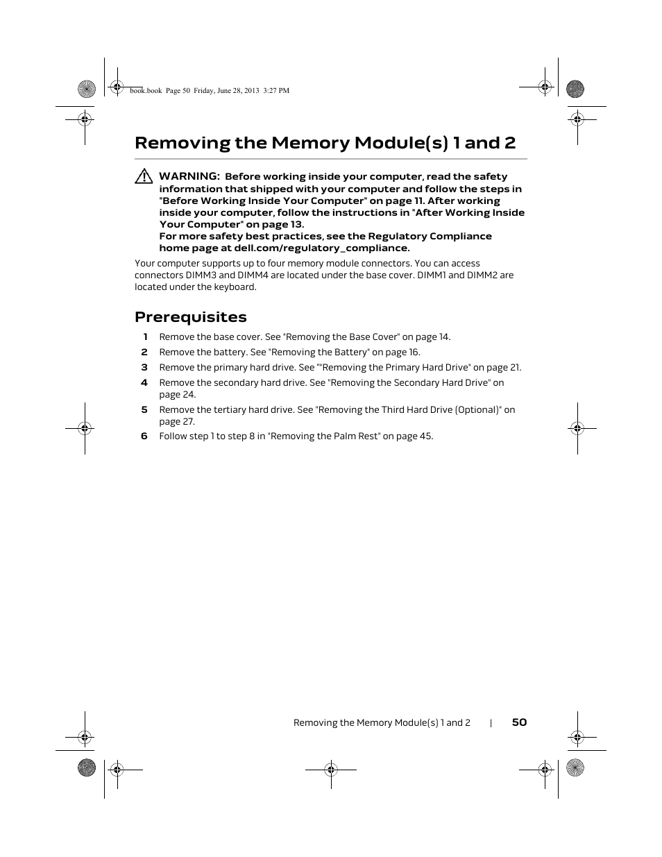 Removing the memory module(s) 1 and 2, Prerequisites | Dell Alienware 17 (Mid 2013) User Manual | Page 50 / 128