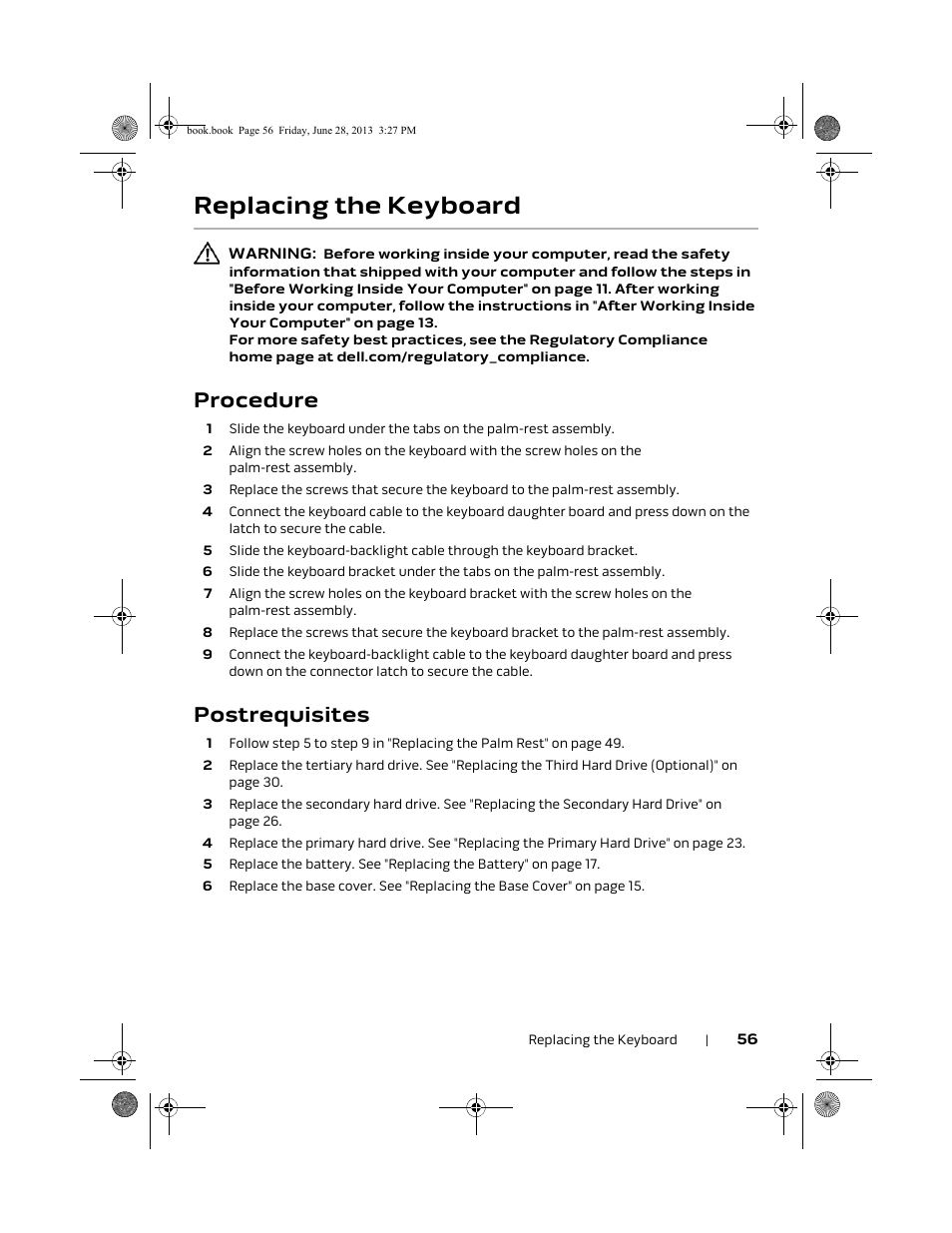 Replacing the keyboard, Procedure, Postrequisites | Dell Alienware 17 (Mid 2013) User Manual | Page 56 / 128