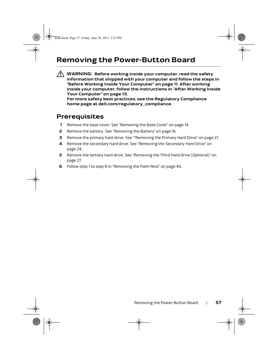 Removing the power-button board, Prerequisites | Dell Alienware 17 (Mid 2013) User Manual | Page 57 / 128