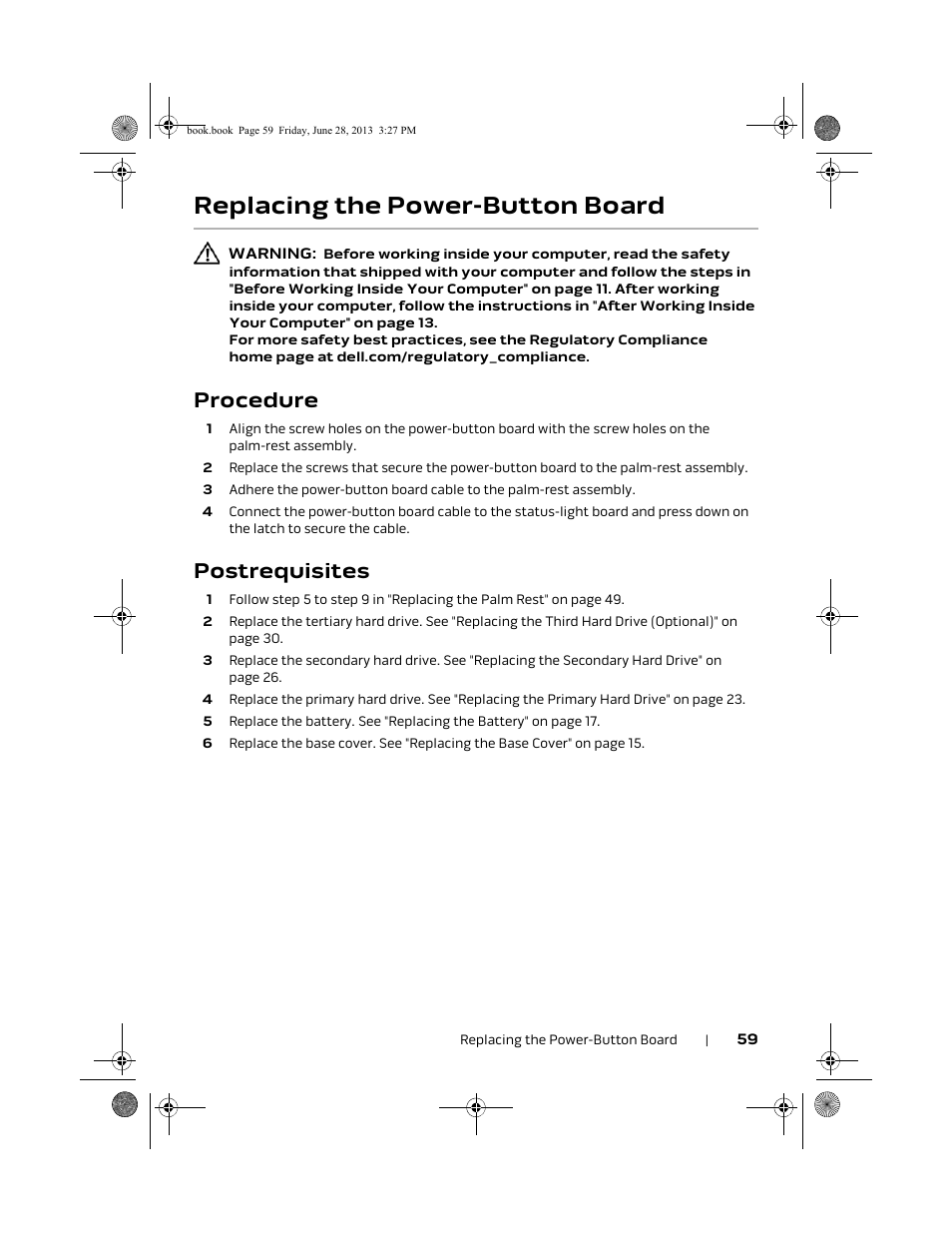 Replacing the power-button board, Procedure, Postrequisites | Dell Alienware 17 (Mid 2013) User Manual | Page 59 / 128