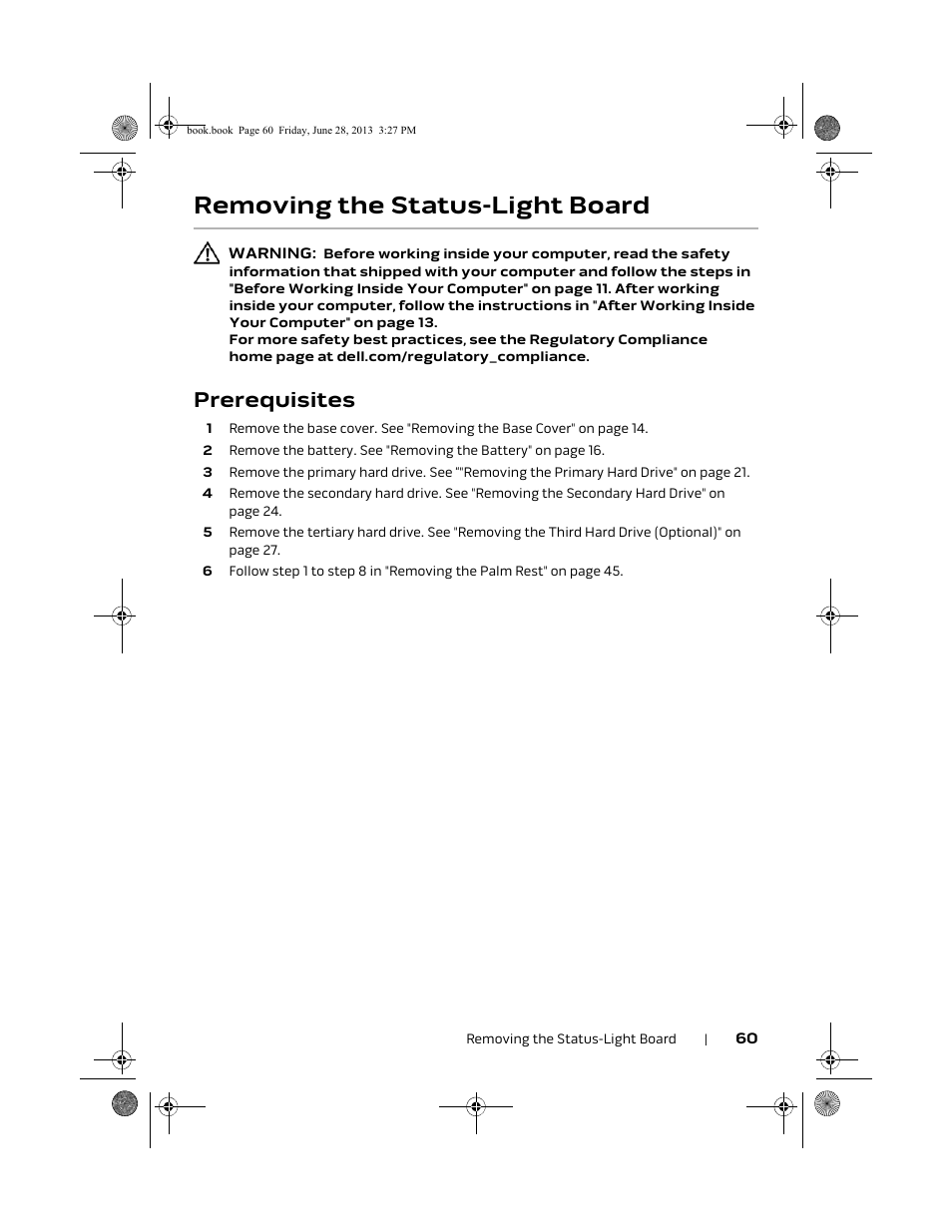 Removing the status-light board, Prerequisites | Dell Alienware 17 (Mid 2013) User Manual | Page 60 / 128