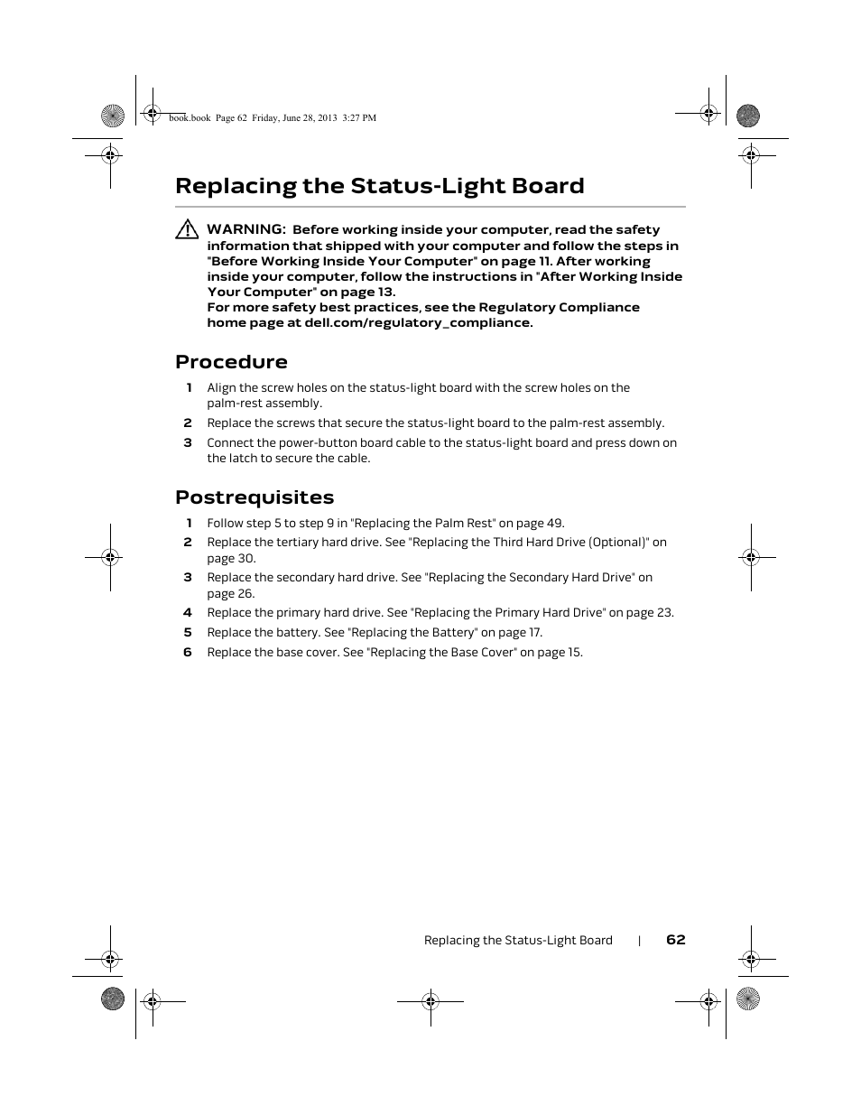 Replacing the status-light board, Procedure, Postrequisites | Dell Alienware 17 (Mid 2013) User Manual | Page 62 / 128