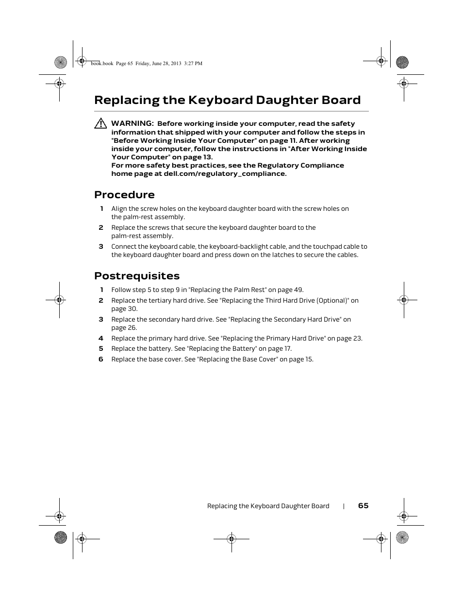 Replacing the keyboard daughter board, Procedure, Postrequisites | Dell Alienware 17 (Mid 2013) User Manual | Page 65 / 128