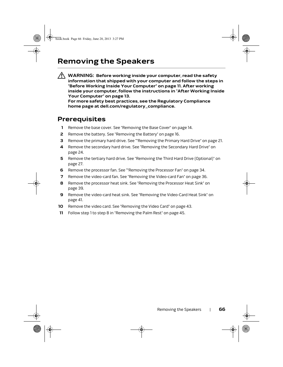 Removing the speakers, Prerequisites | Dell Alienware 17 (Mid 2013) User Manual | Page 66 / 128