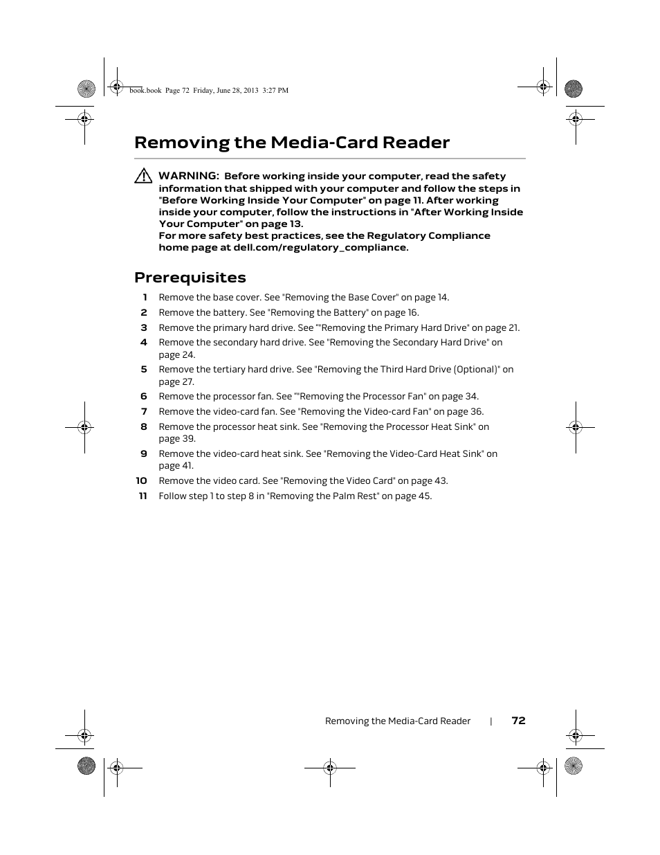 Removing the media-card reader, Prerequisites | Dell Alienware 17 (Mid 2013) User Manual | Page 72 / 128