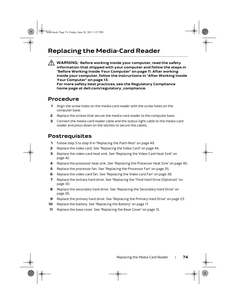 Replacing the media-card reader, Procedure, Postrequisites | Dell Alienware 17 (Mid 2013) User Manual | Page 74 / 128