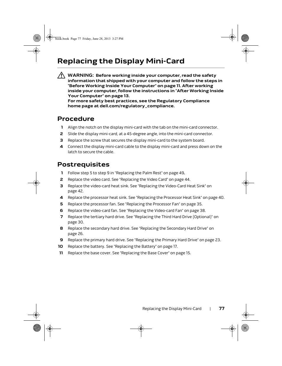 Replacing the display mini-card, Procedure, Postrequisites | Dell Alienware 17 (Mid 2013) User Manual | Page 77 / 128