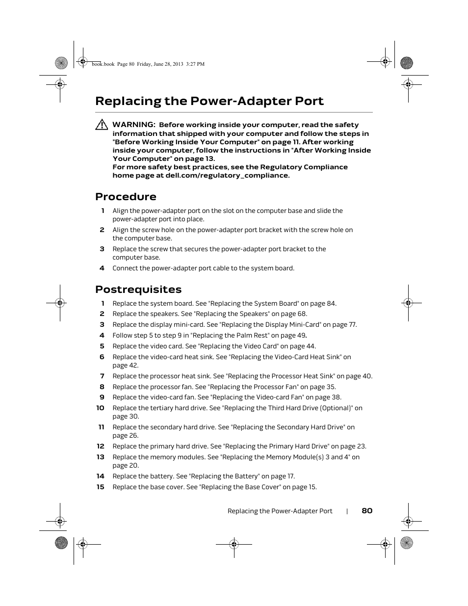 Replacing the power-adapter port, Procedure, Postrequisites | Dell Alienware 17 (Mid 2013) User Manual | Page 80 / 128