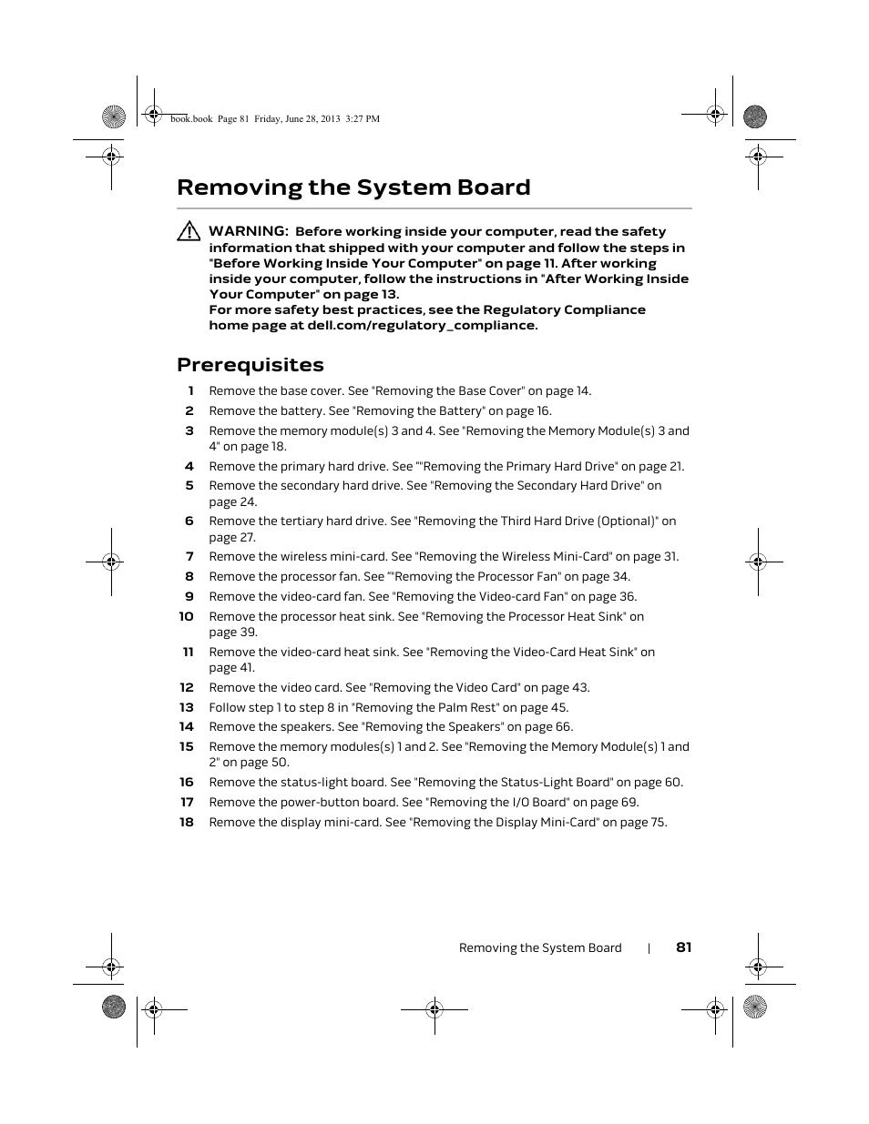 Removing the system board, Prerequisites | Dell Alienware 17 (Mid 2013) User Manual | Page 81 / 128