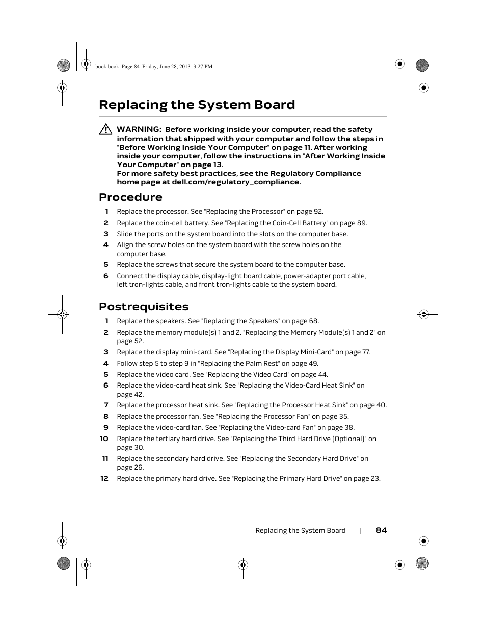 Replacing the system board, Procedure, Postrequisites | Dell Alienware 17 (Mid 2013) User Manual | Page 84 / 128