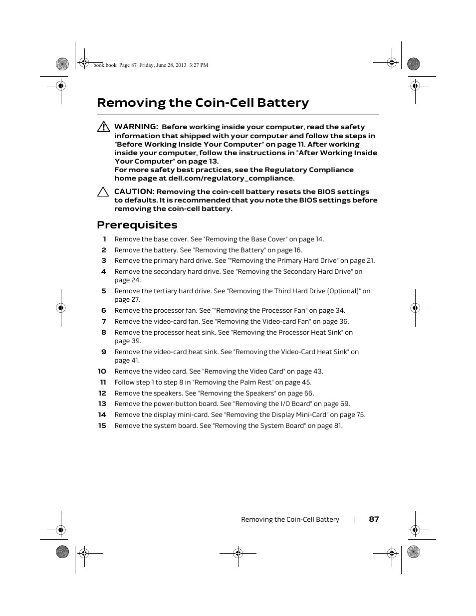 Removing the coin-cell battery, Prerequisites | Dell Alienware 17 (Mid 2013) User Manual | Page 87 / 128