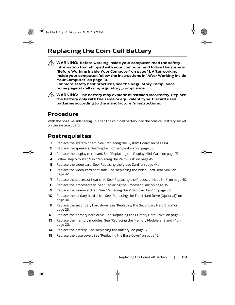 Replacing the coin-cell battery, Procedure, Postrequisites | Dell Alienware 17 (Mid 2013) User Manual | Page 89 / 128