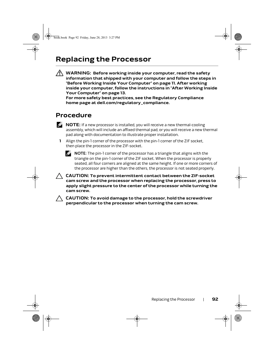 Replacing the processor, Procedure | Dell Alienware 17 (Mid 2013) User Manual | Page 92 / 128