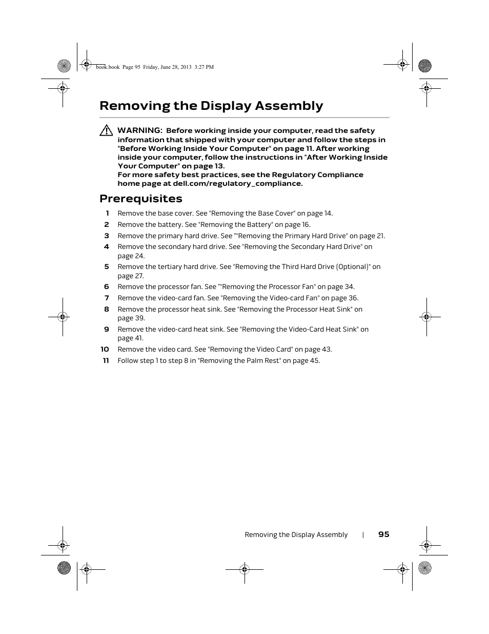 Removing the display assembly, Prerequisites | Dell Alienware 17 (Mid 2013) User Manual | Page 95 / 128