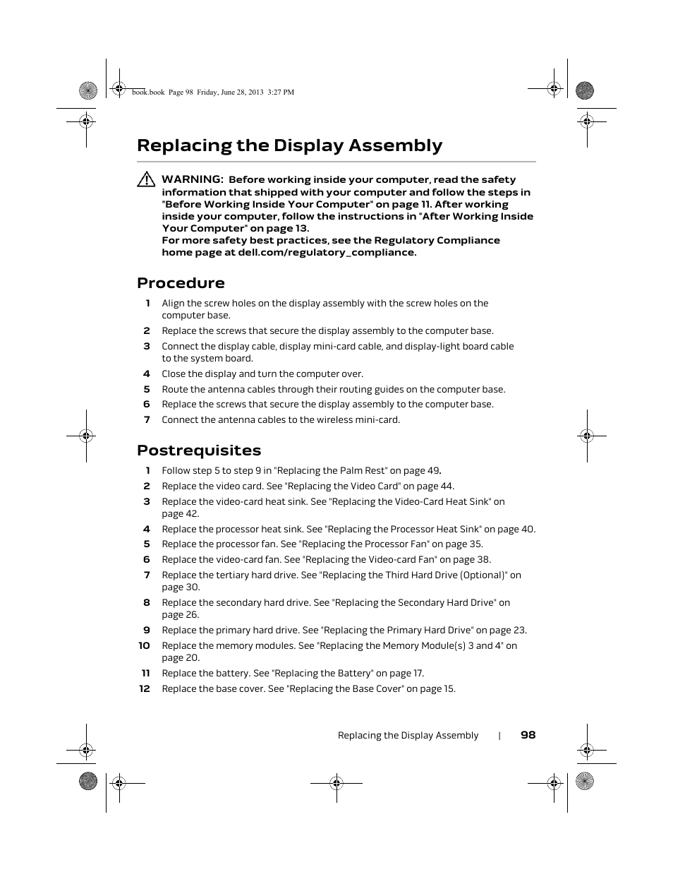 Replacing the display assembly, Procedure, Postrequisites | Dell Alienware 17 (Mid 2013) User Manual | Page 98 / 128