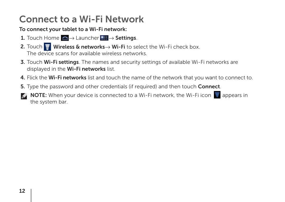 Connect to a wi-fi network | Dell Mobile Streak 7 User Manual | Page 12 / 16