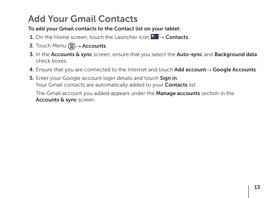 Add your gmail contacts | Dell Mobile Streak 7 User Manual | Page 13 / 16