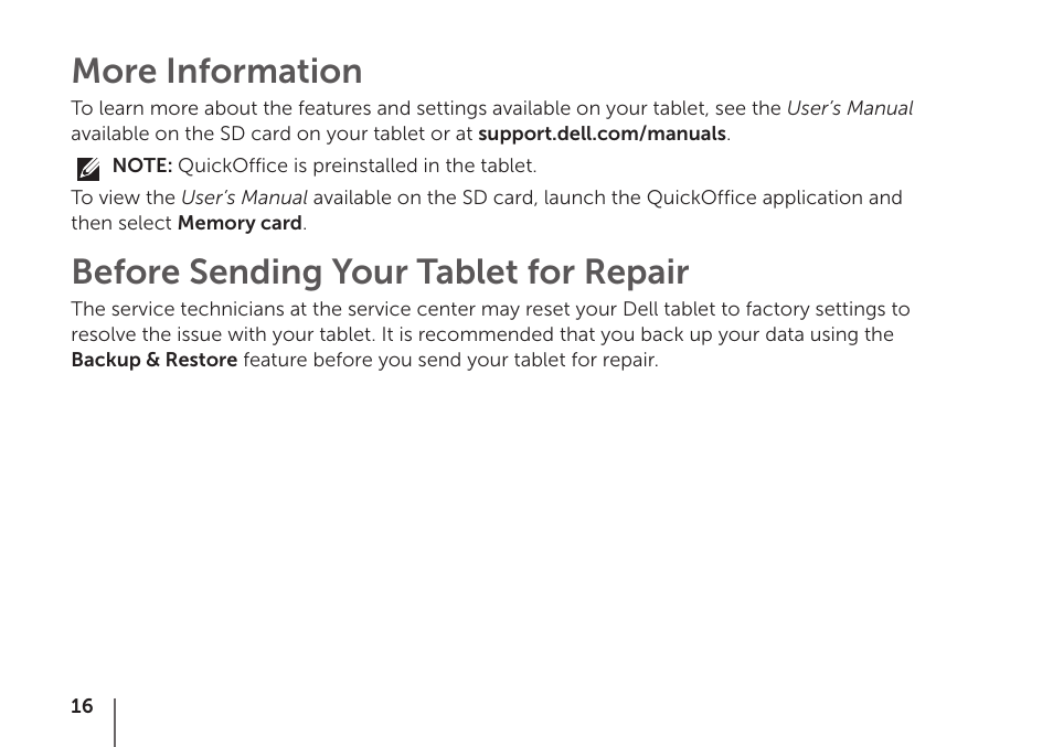 More information, Before sending your tablet for repair | Dell Mobile Streak 7 User Manual | Page 16 / 16