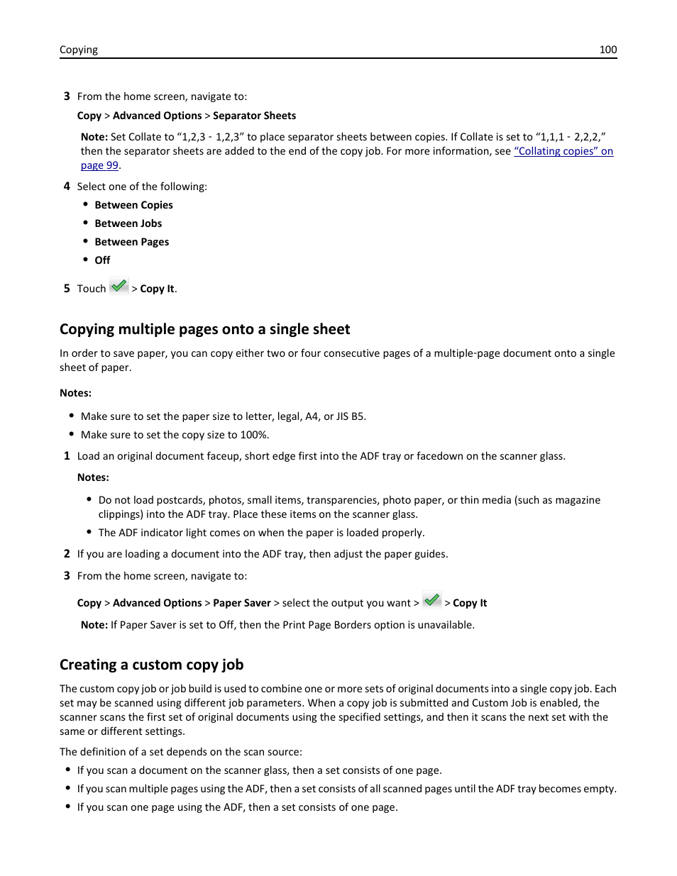 Creating a custom copy job, Copying multiple pages onto a single sheet | Dell B5465dnf Mono Laser Printer MFP User Manual | Page 100 / 342