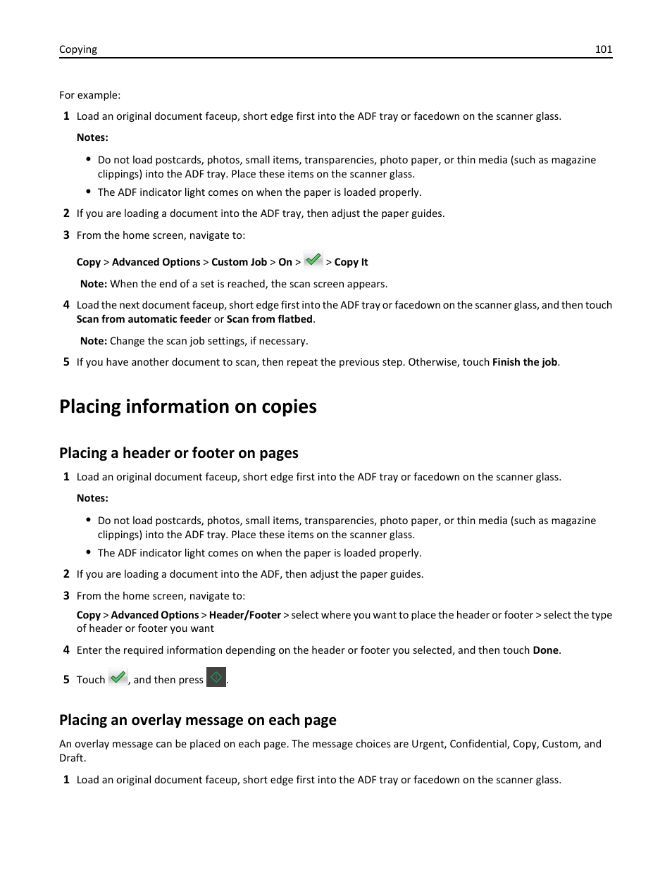 Placing information on copies, Placing a header or footer on pages, Placing an overlay message on each page | Dell B5465dnf Mono Laser Printer MFP User Manual | Page 101 / 342