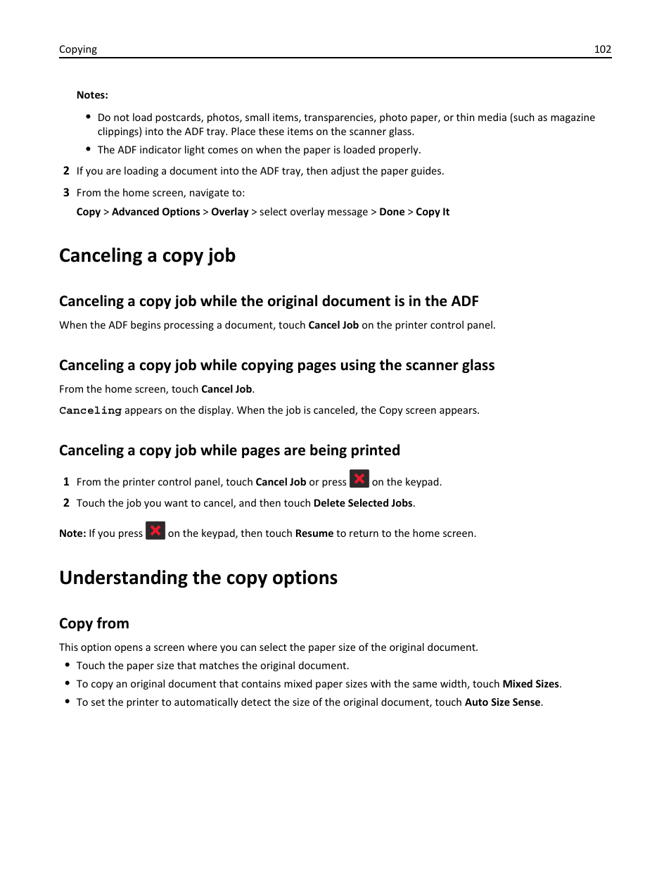 Canceling a copy job, Understanding the copy options, Copy from | Canceling a copy job while pages are being printed | Dell B5465dnf Mono Laser Printer MFP User Manual | Page 102 / 342