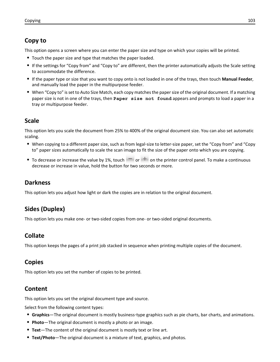 Copy to, Scale, Darkness | Sides (duplex), Collate, Copies, Content | Dell B5465dnf Mono Laser Printer MFP User Manual | Page 103 / 342