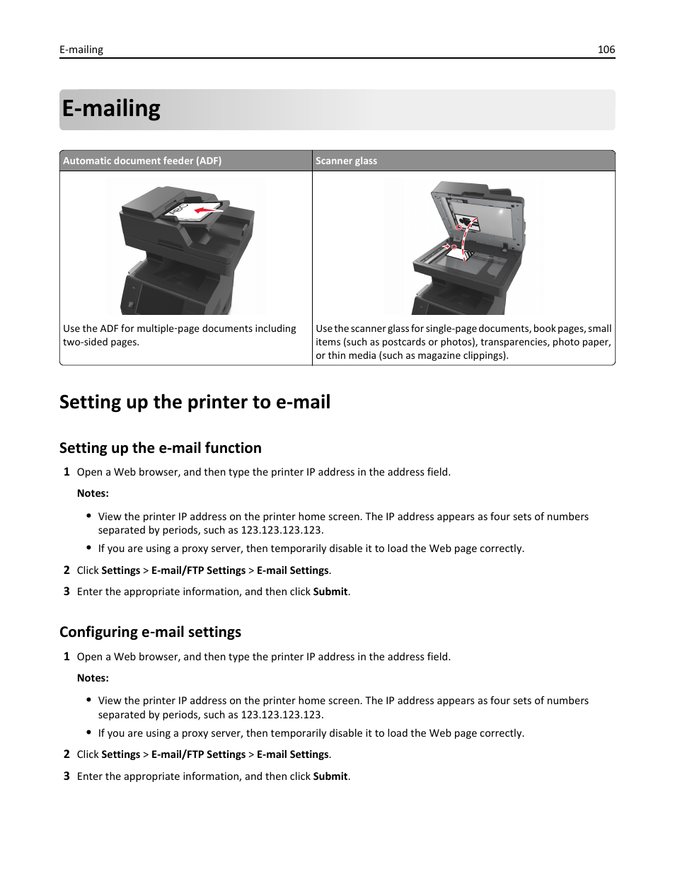 E-mailing, Setting up the printer to e-mail, Setting up the e-mail function | Configuring e-mail settings, E-mailing” on, Configuring e ‑ mail settings | Dell B5465dnf Mono Laser Printer MFP User Manual | Page 106 / 342