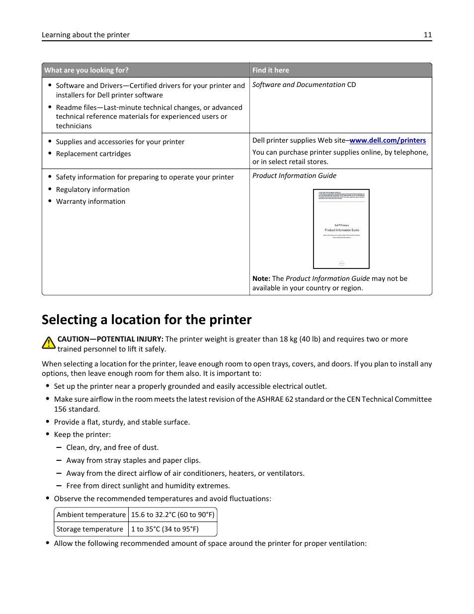 Selecting a location for the printer | Dell B5465dnf Mono Laser Printer MFP User Manual | Page 11 / 342