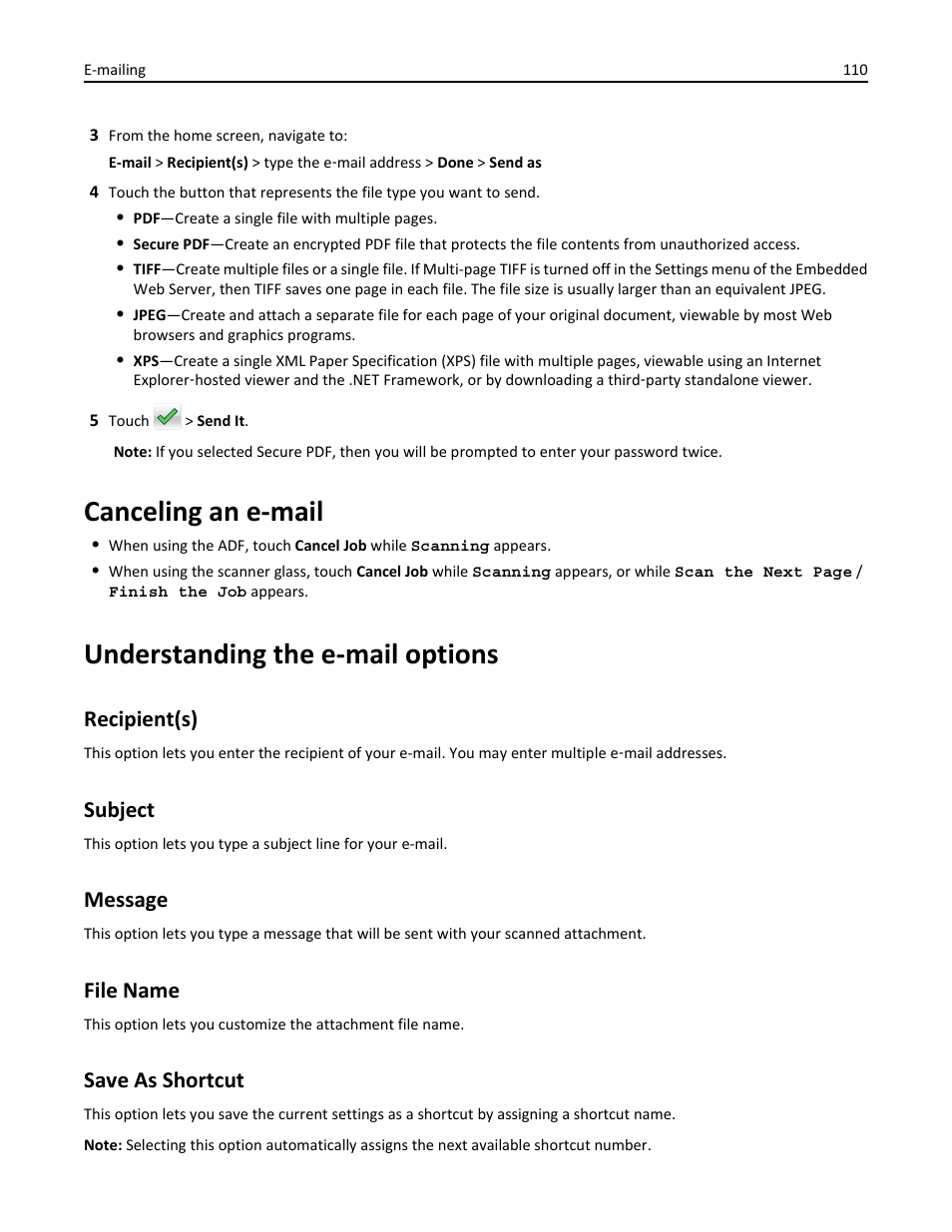 Canceling an e-mail, Understanding the e-mail options, Recipient(s) | Subject, Message, File name, Save as shortcut | Dell B5465dnf Mono Laser Printer MFP User Manual | Page 110 / 342